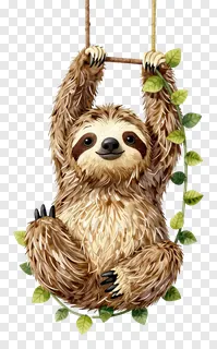 A sloth hanging from a vine with leaves.