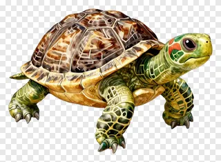 A colorful, retro-style turtle walking forward.