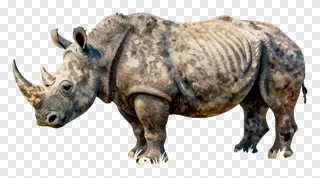 A rhino standing in a grassland pose.