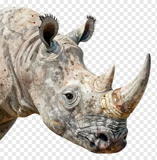 Close-up of a rhino's head with detailed horn and textured skin.