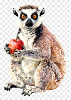 A ring-tailed lemur holding a red apple.