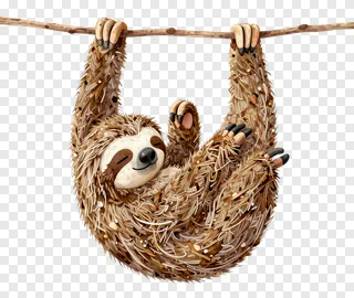 Cartoon sloth hanging from tree branch while sleeping peacefully.