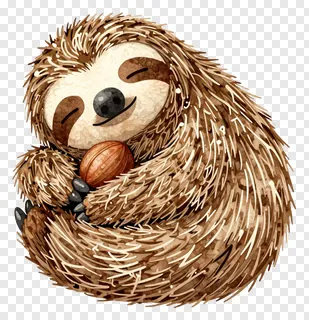 A sleepy sloth holding a nut in its arms.