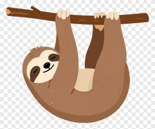 A cartoon sloth hanging from a tree branch.