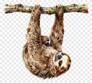 A sloth hanging from a tree branch with its arms gripping the branch.