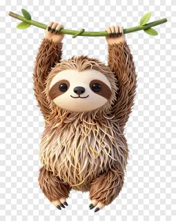 A sloth hanging from a vine with leaves.