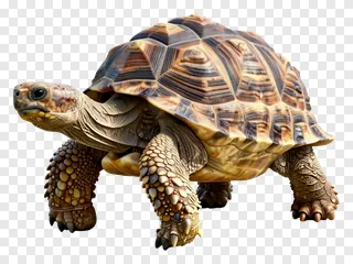 A tortoise with a patterned shell walking steadily.