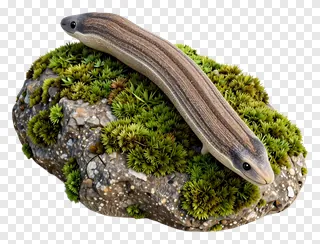 A striped slug on a mossy rock.