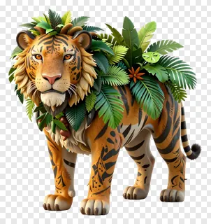 A tiger decorated with tropical leaves and flowers.
