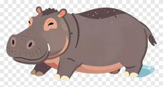 A cartoon hippo resting near water.