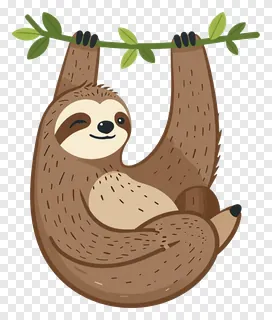 A cartoon sloth hanging from a vine with leaves.