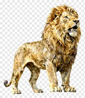 A watercolor-style roaring lion statue.