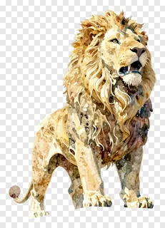 A watercolor-style lion statue roaring with a full mane.