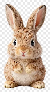 A wet, furry Easter bunny sitting upright.