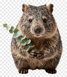 A wombat holding a eucalyptus branch.