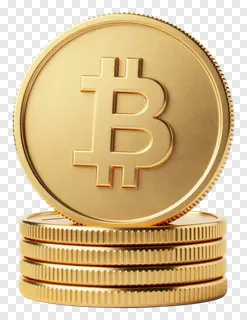 Stack of five gold Bitcoin coins.