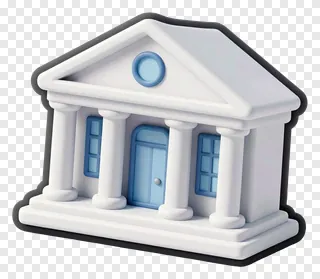 A cartoon-style bank building with blue details.