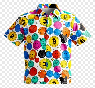 Colorful shirt with Bitcoin and smiley face patterns.