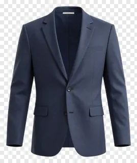 Navy blue suit jacket with two buttons and flap pockets.
