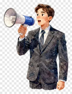 A young businessman in a suit holding a megaphone.