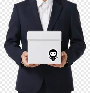 A person in a suit holding a white gift box.
