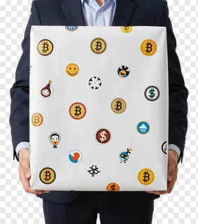 A person holding a gift-wrapped box with financial symbols.