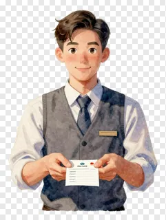 Young male cashier holding a receipt.