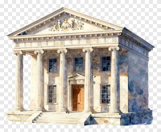 Watercolor illustration of a classical bank building with columns.