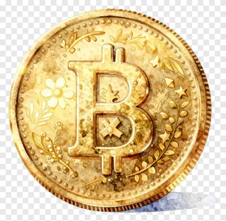 A golden Bitcoin coin with floral and star decorations.