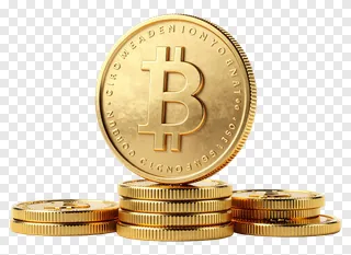 Stack of gold Bitcoin coins with one standing upright.