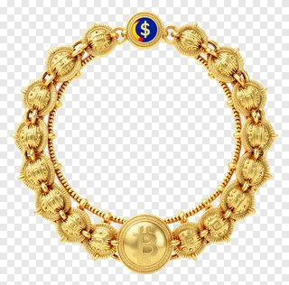 A gold bracelet with coin links and currency symbols.