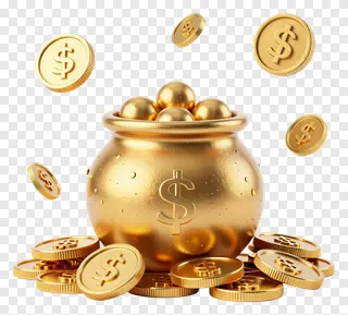 A golden pot filled with coins, with coins floating around it.