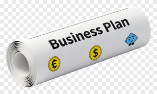 Rolled business plan with money icons and a cartoon character.
