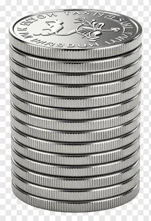 Stack of silver coins with engraved text.