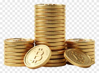 Golden Bitcoin coins stacked in piles.