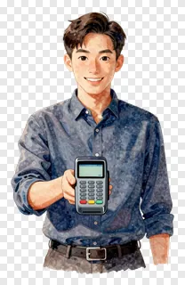 Young man holding a payment terminal.