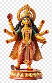 Statue of Goddess Durga with multiple arms and jewelry.