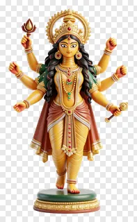Golden statue of Durga with eight arms holding weapons.