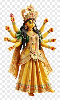 Golden eight-armed Durga statue with raised hands.