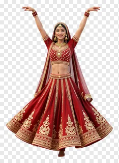 A woman dancing garba in a red lehenga with arms raised.