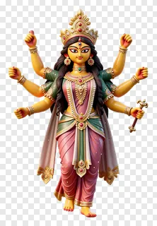 Goddess Durga statue with eight arms holding weapons.