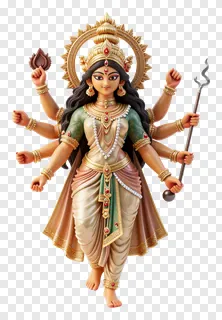 Golden statue of Durga with eight arms holding a trishul.