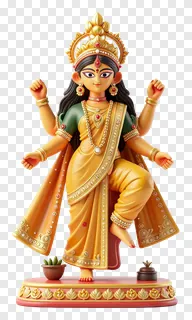 Golden eight-armed Durga statue with raised hands.