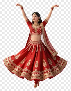 A 3D dancer in a red lehenga performing a dynamic Garba dance pose.