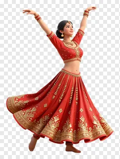 A 3D dancer in a red lehenga performing a Garba dance with arms raised.