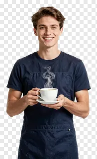 A barista holding a steaming cup of coffee.
