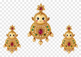 A set of gold jewelry with cartoon characters and gemstones.