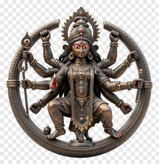 Black bronze statue of Durga with eight arms and a circular halo.