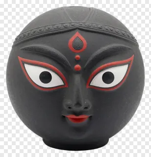 Black Durga face with red eye outlines and bindi.