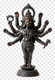 Black statue of Durga with eight arms.